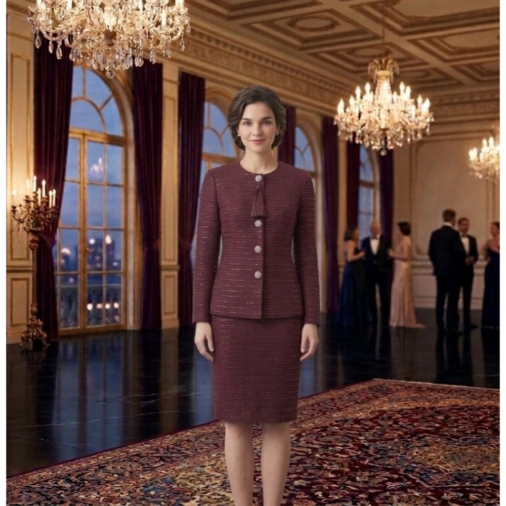 St John Evening Marie Gray Sequin Skirt Suit Set Burgundy Wine Jacket 8 Skirt 6